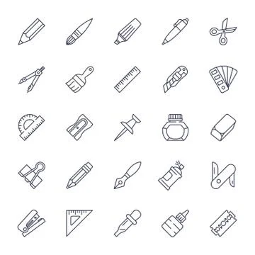 Stationery tools icon set thin line style Stock Illustration