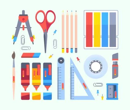Stationery tools for study and work set. Accessories drawing painting pencils Stock Illustration