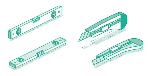 Stationery utility knife with sharp blade. Construction bubble level tool. .. Stock Illustration