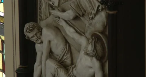 Stations of the Cross - Interior of old Catholic Church - Sculpture - Close Up Stock Footage 174964270