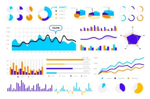 Statistic graph. Graphic bars, round infographic pie charts, circle comparison Illustration