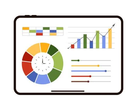 Statistic graphs and charts for data analysis on tablet screen Stock Illustration