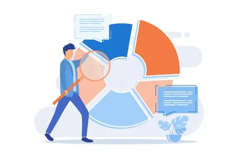 Statistical analysis magnifying glass analyzing data. Circular diagram with.. Stock Illustration