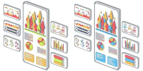 Statistical analysis on mobile devices vector. Analytical, success, research Stock Illustration