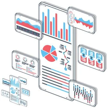 Statistical analysis on mobile devices vector. Analytical, success, research Stock Illustration