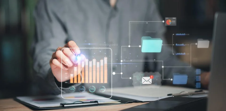 Statistical analyst reading graph report and business statistics charts ,An.. 스톡 사진