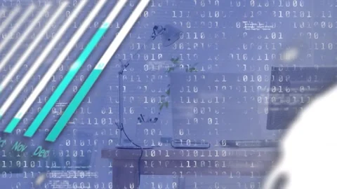 Statistical and binary coding data processing against office table in background Stock Footage 328822176