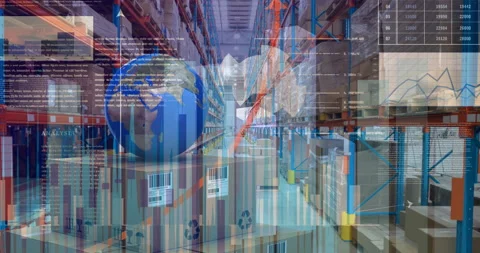 Statistical and financial data processing against globe on stack of boxes at Stock Footage 153159394
