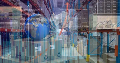 Statistical and financial data processing against globe on stack of boxes at Stock Illustration