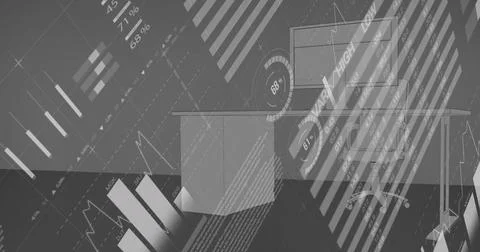 Statistical data processing against 3d office desk design on grey background 库存插图