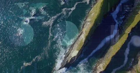 Statistical data processing against aerial view of grassland and sea waves Stock Photos