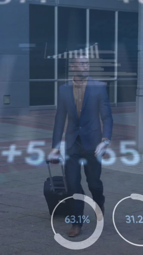 Statistical data processing against african american man with trolley bag Stock Footage 323682547