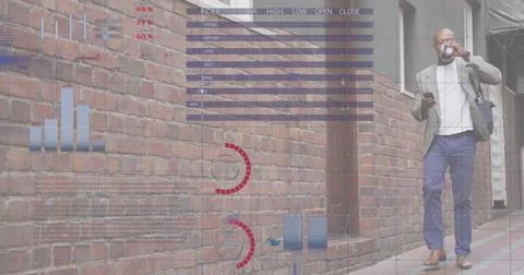 Statistical data processing against african american senior man drinking coffee Stock Illustration