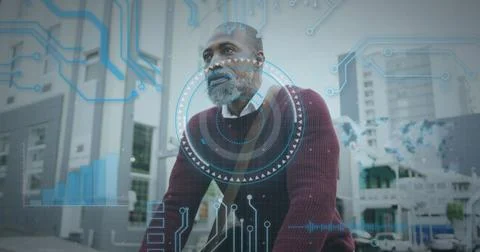 Statistical data processing against african american senior man riding bicycle Stock Photos