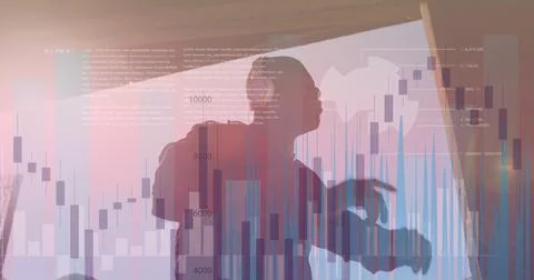 Statistical data processing against african american fit man wearing headphones 스톡 사진