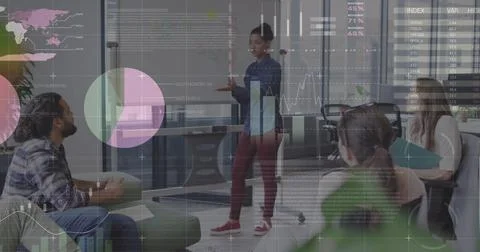 Statistical data processing against african american woman giving a presentation Stock Photos