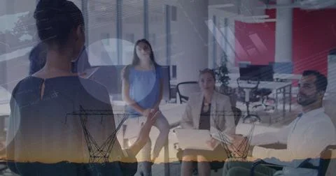 Statistical data processing against african american woman giving a presentation Stock Photos
