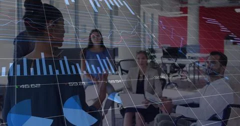 Statistical data processing against african american woman giving a presentation Stock Photos