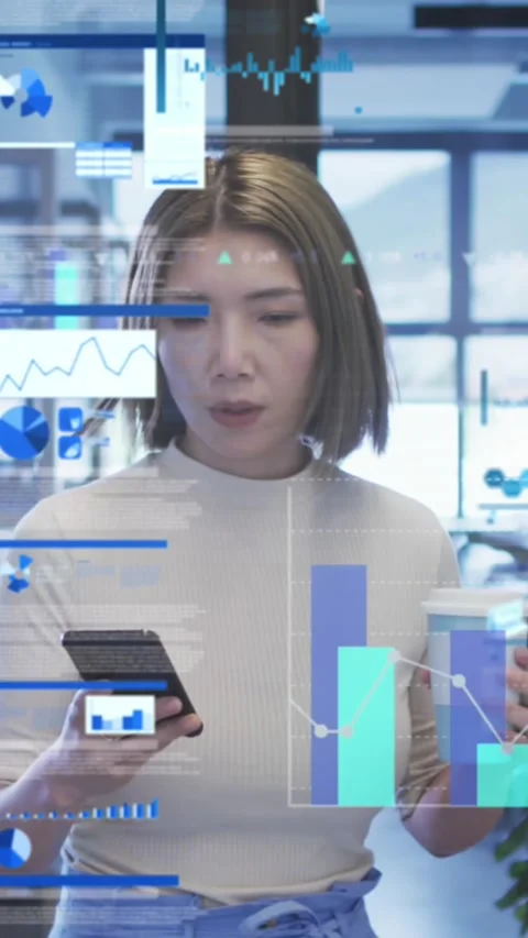 Statistical data processing against asian woman with coffee cup using smartphone Stock Footage 323340499