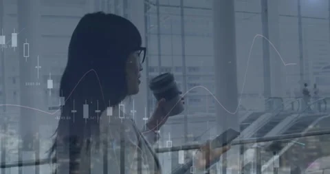 Statistical data processing against asian businesswoman drinking coffee and Stock Footage 326096409