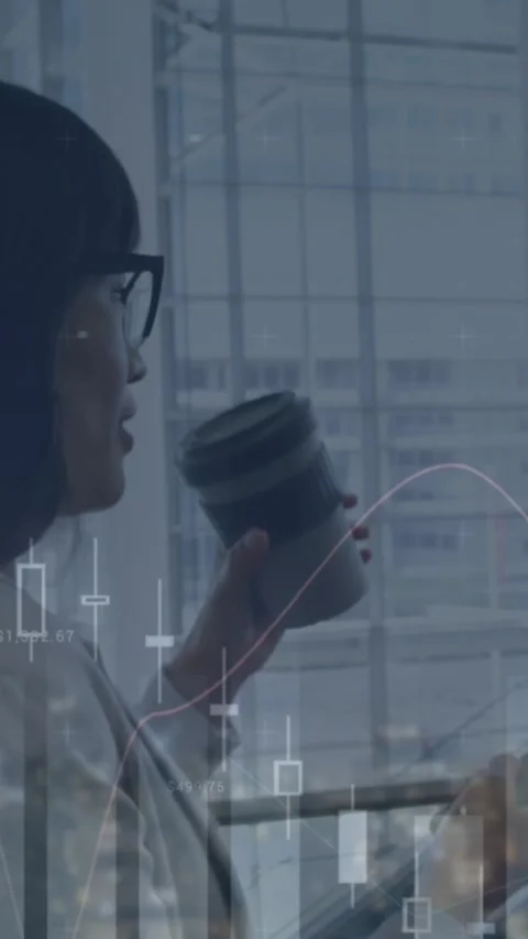 Statistical data processing against asian businesswoman drinking coffee and Stock Footage 343682168