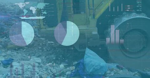 Statistical data processing against bulldozer working on landfill with birds in Stock Photos