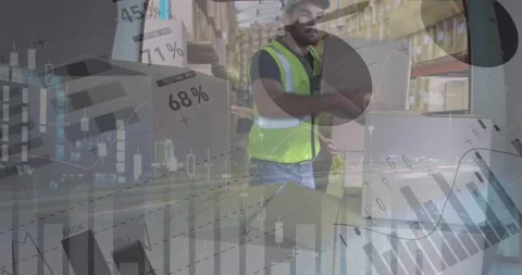Statistical data processing against caucasian delivery man stacking boxes from Stock Footage 157673795