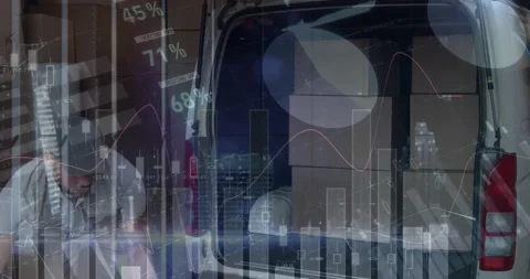 Statistical data processing against caucasian delivery man stacking boxes in his Stock Footage 157675630