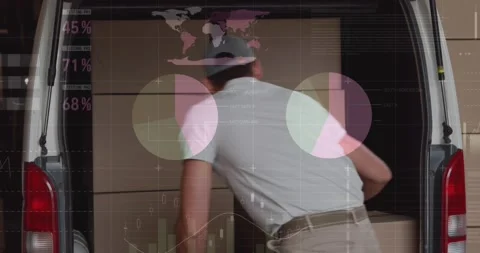 Statistical data processing against caucasian delivery man removing boxes from Stock Footage 157675662