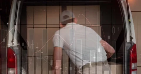 Statistical data processing against caucasian delivery man removing boxes from Stock Footage 157675719