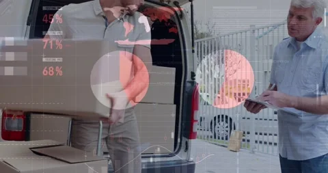 Statistical data processing against caucasian delivery man stacking boxes in his Stock Footage 157675722