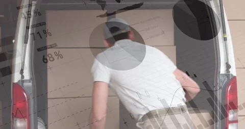 Statistical data processing against caucasian delivery man removing boxes from Stock Footage 157675883