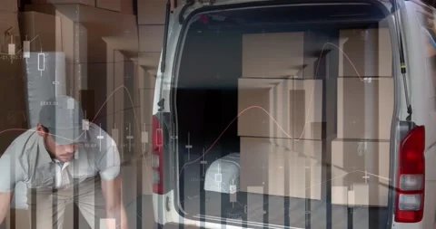 Statistical data processing against caucasian male delivery man stacking boxes Stock Footage 157906204