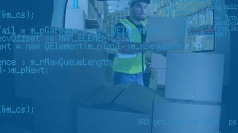 Statistical data processing against caucasian delivery man stacking delivery Stock Footage 157929833