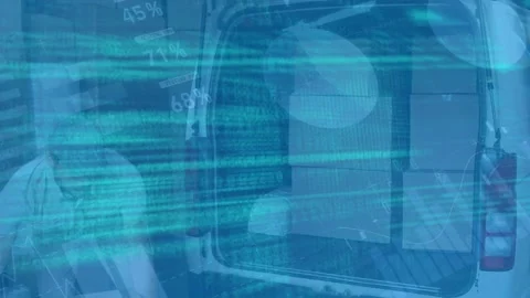 Statistical data processing against caucasian delivery man stacking delivery Stock Footage 157929931