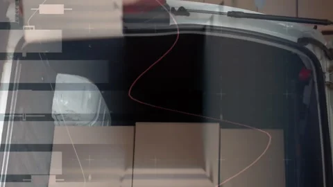 Statistical data processing against caucasian male delivery man stacking boxes Stock Footage 312547531