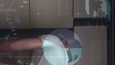 Statistical data processing against caucasian delivery man removing boxes from Stock Footage 312582863