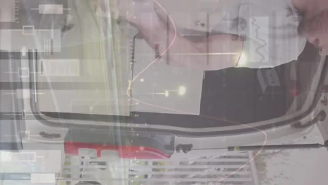 Statistical data processing against caucasian delivery man stacking boxes in his Stock Footage 313170183