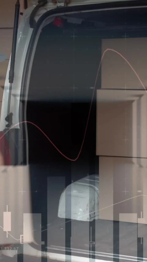 Statistical data processing against caucasian male delivery man stacking boxes Stock Footage 322880570