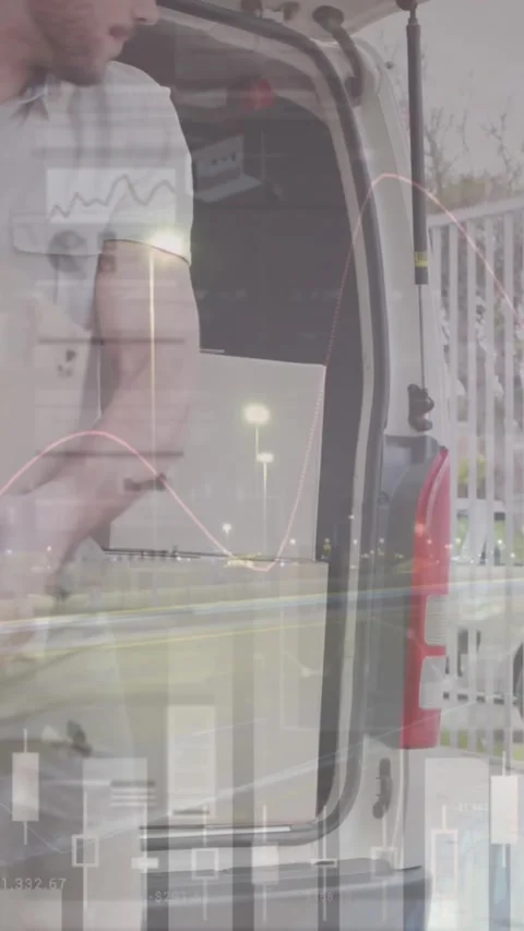 Statistical data processing against caucasian delivery man stacking boxes in his Stock Footage 322880593
