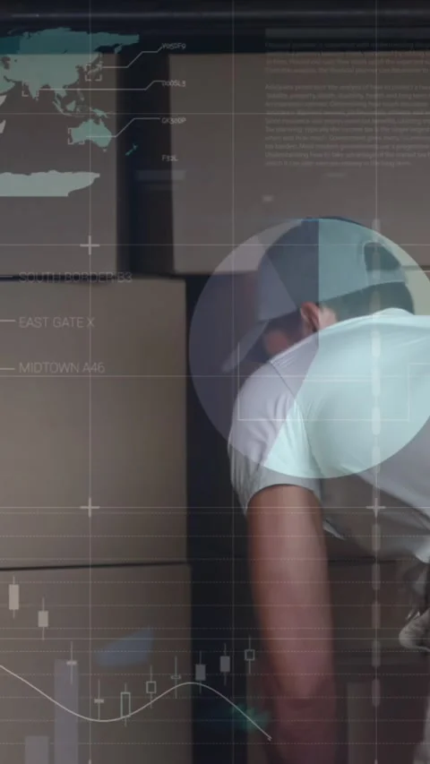 Statistical data processing against caucasian delivery man removing boxes from Stock Footage 322880596