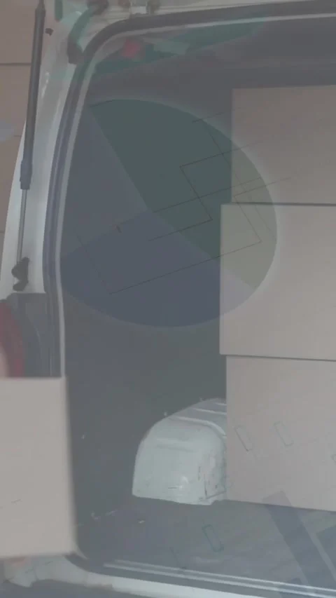 Statistical data processing against caucasian delivery man stacking boxes in his Stock Footage 322880616