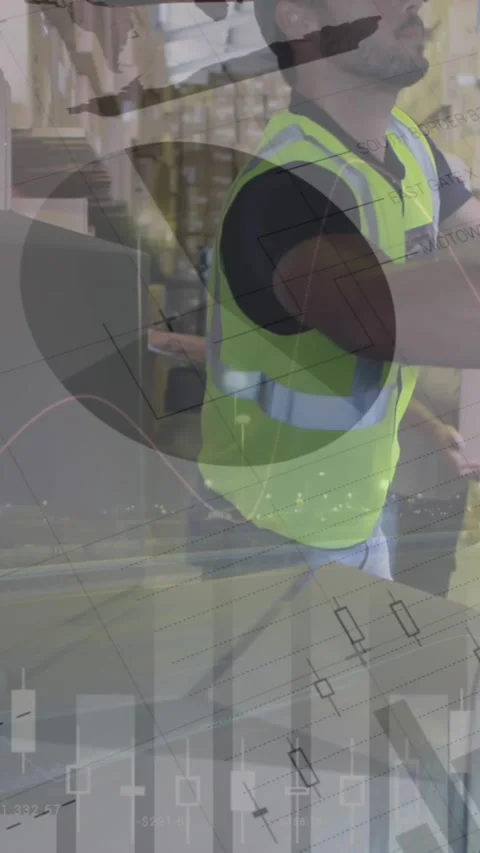 Statistical data processing against caucasian delivery man stacking boxes from Stock Footage 322891907