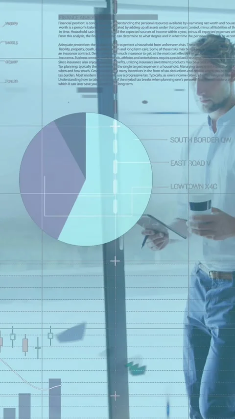 Statistical data processing against caucasian man with digital tablet and coffee Stock Footage 324433169