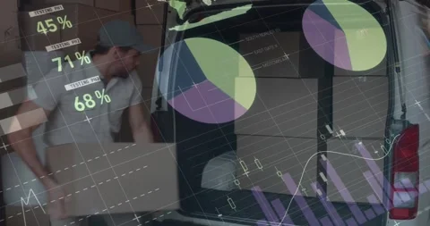 Statistical data processing against caucasian delivery man stacking boxes in his Stock Footage 329578568