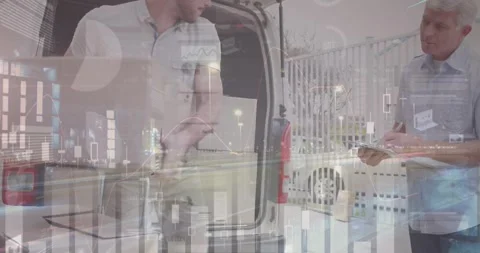 Statistical data processing against caucasian delivery man stacking boxes in his Stock Footage 330731504