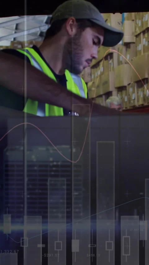 Statistical data processing against caucasian male worker stacking delivery Stock Footage 342599814