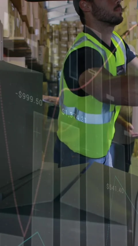 Statistical data processing against caucasian male worker stacking delivery Stock Footage 342650457