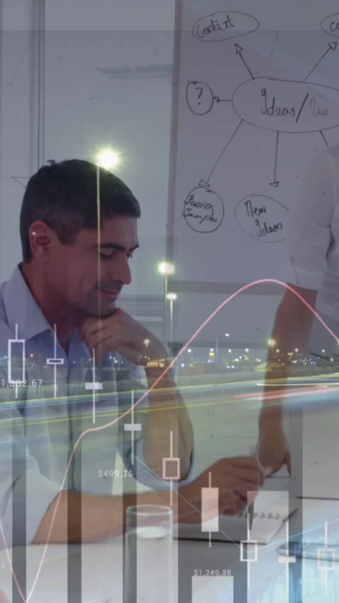 Statistical data processing against caucasian woman giving presentation in Stock Footage 343548010
