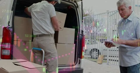 Statistical data processing against caucasian delivery man stacking delivery Stock Illustration